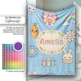 Easter Chick Bunny Carrot Rainbow Fence Kawai Blue Background  Personalised Custom Name Super Soft Fleece Blanket Bed Sofa Throw
