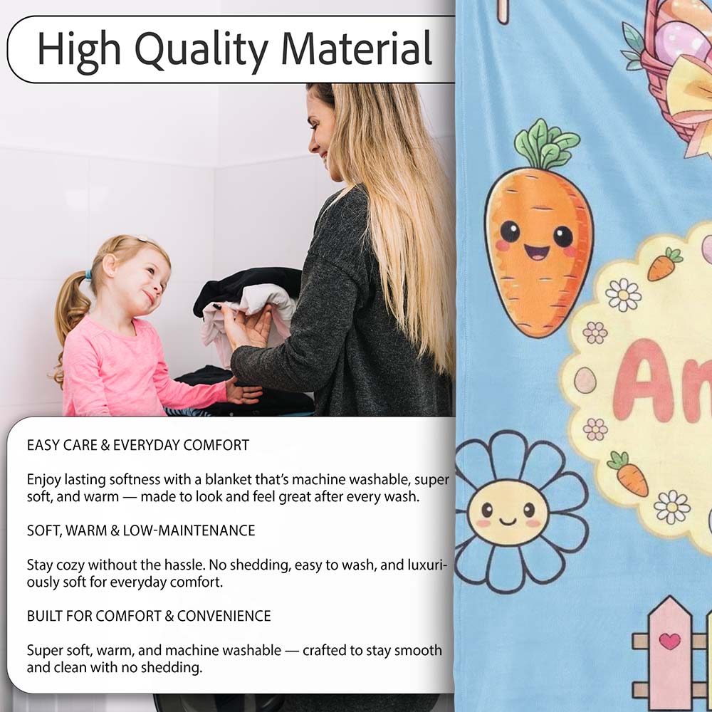 Easter Chick Bunny Carrot Rainbow Fence Kawai Blue Background  Personalised Custom Name Super Soft Fleece Blanket Bed Sofa Throw