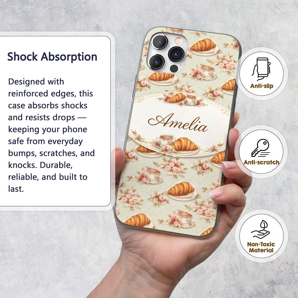 Croissant Coffee Strawberry Dessert Seamless Custom Name Protective Phone Case Mobile Cover Durable Everyday Smartphone Shock Resistant