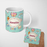 Personalized Custom Name Easter Chick Bunny Carrot Rainbow Fence Kawai Mint Background 11oz Ceramic Coffee Tea Mug White Large Handle