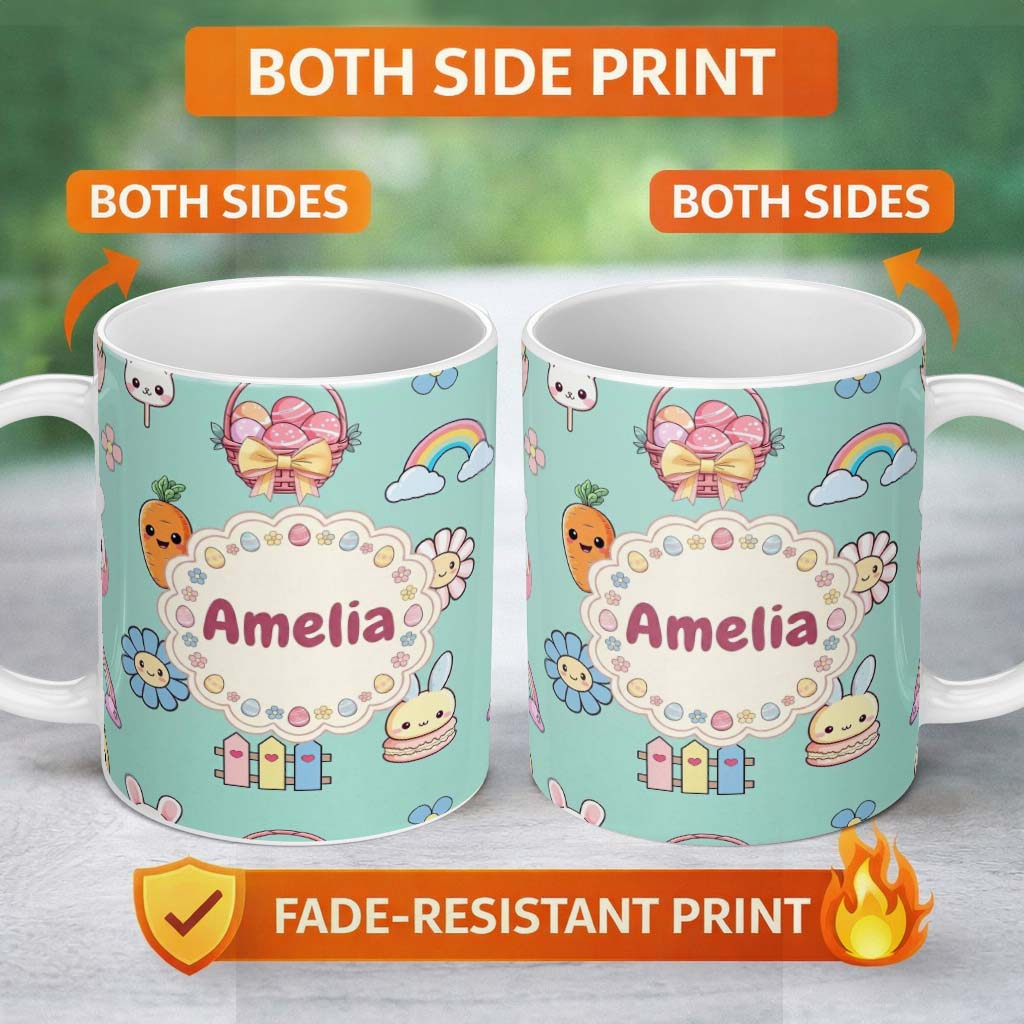Personalized Custom Name Easter Chick Bunny Carrot Rainbow Fence Kawai Mint Background 11oz Ceramic Coffee Tea Mug White Large Handle