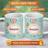 Personalized Custom Name Easter Chick Bunny Carrot Rainbow Fence Kawai Mint Background 11oz Ceramic Coffee Tea Mug White Large Handle
