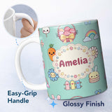 Personalized Custom Name Easter Chick Bunny Carrot Rainbow Fence Kawai Mint Background 11oz Ceramic Coffee Tea Mug White Large Handle