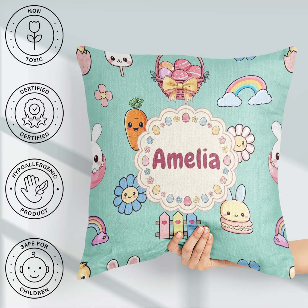 Custom Name Easter Chick Bunny Carrot Rainbow Fence Kawai Mint Square Filled Cushion Throw Pillow Sofa Bed Home Decor Zip Washable UK Made