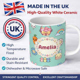 Personalized Custom Name Easter Chick Bunny Carrot Rainbow Fence Kawai Mint Background 11oz Ceramic Coffee Tea Mug White Large Handle