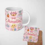 Personalized Custom Name Easter Chick Bunny Carrot Rainbow Flower Pink Background Seamless 11oz Ceramic Coffee Tea Mug White Large Handle