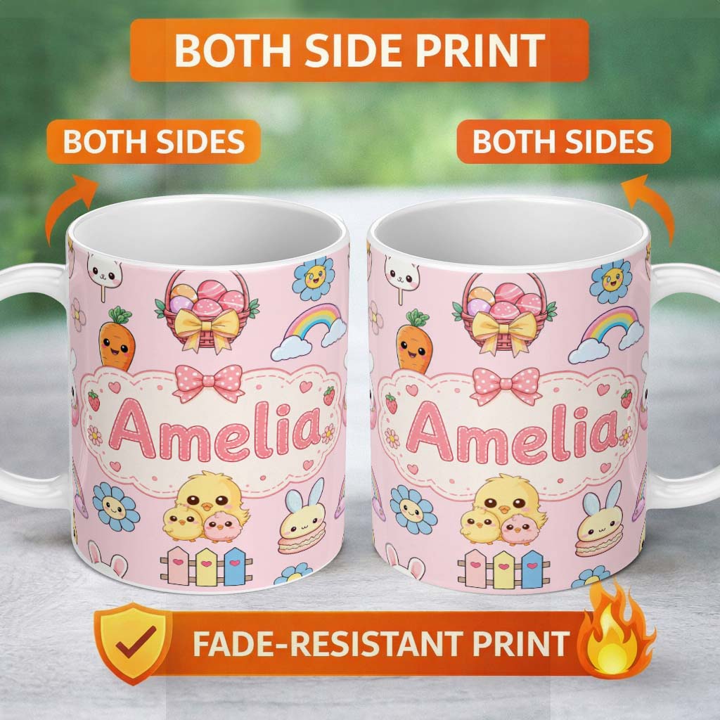 Personalized Custom Name Easter Chick Bunny Carrot Rainbow Flower Pink Background Seamless 11oz Ceramic Coffee Tea Mug White Large Handle