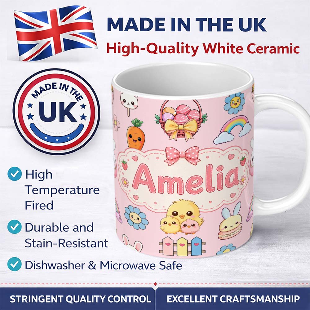 Personalized Custom Name Easter Chick Bunny Carrot Rainbow Flower Pink Background Seamless 11oz Ceramic Coffee Tea Mug White Large Handle
