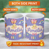 Personalized Custom Name Easter Chick Bunny Carrot Rainbow Flower Purple Background Seamless 11oz Ceramic Coffee Tea Mug White Large Handle