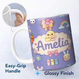Personalized Custom Name Easter Chick Bunny Carrot Rainbow Flower Purple Background Seamless 11oz Ceramic Coffee Tea Mug White Large Handle
