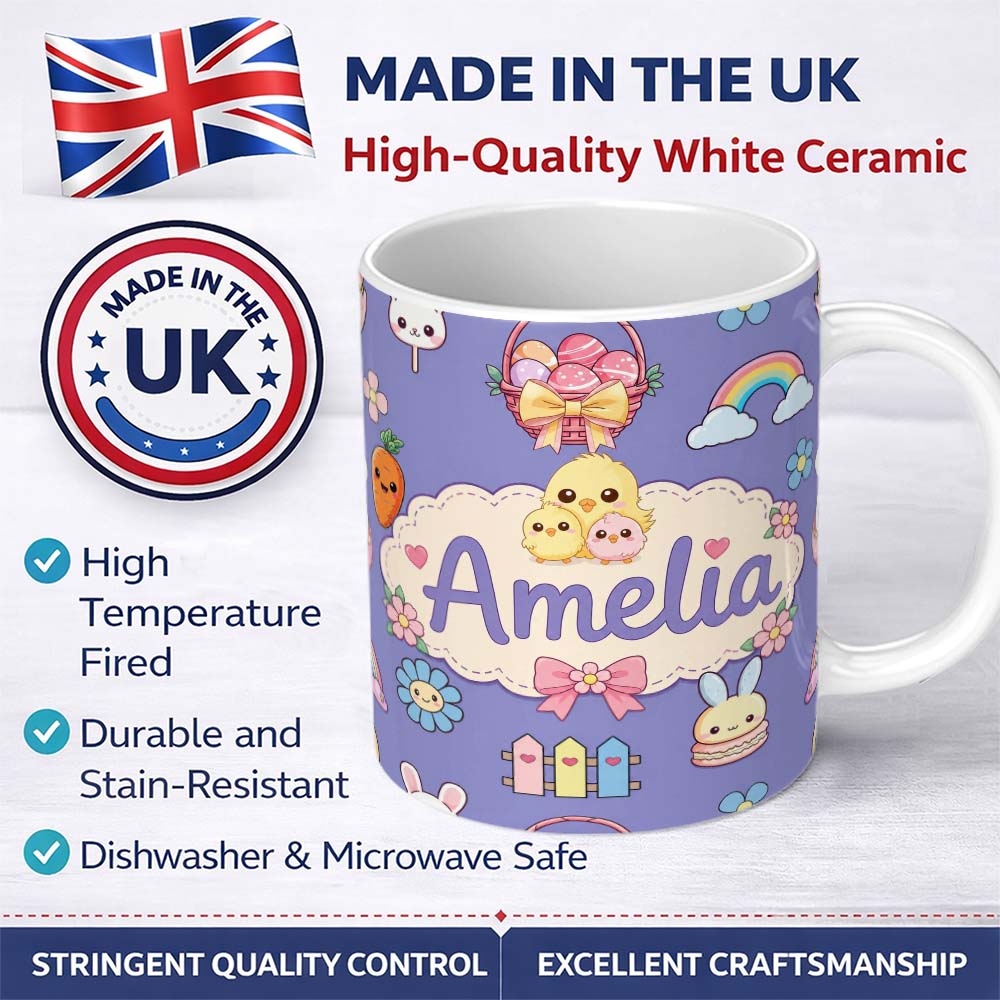 Personalized Custom Name Easter Chick Bunny Carrot Rainbow Flower Purple Background Seamless 11oz Ceramic Coffee Tea Mug White Large Handle