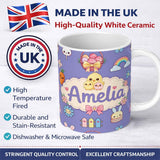 Personalized Custom Name Easter Chick Bunny Carrot Rainbow Flower Purple Background Seamless 11oz Ceramic Coffee Tea Mug White Large Handle