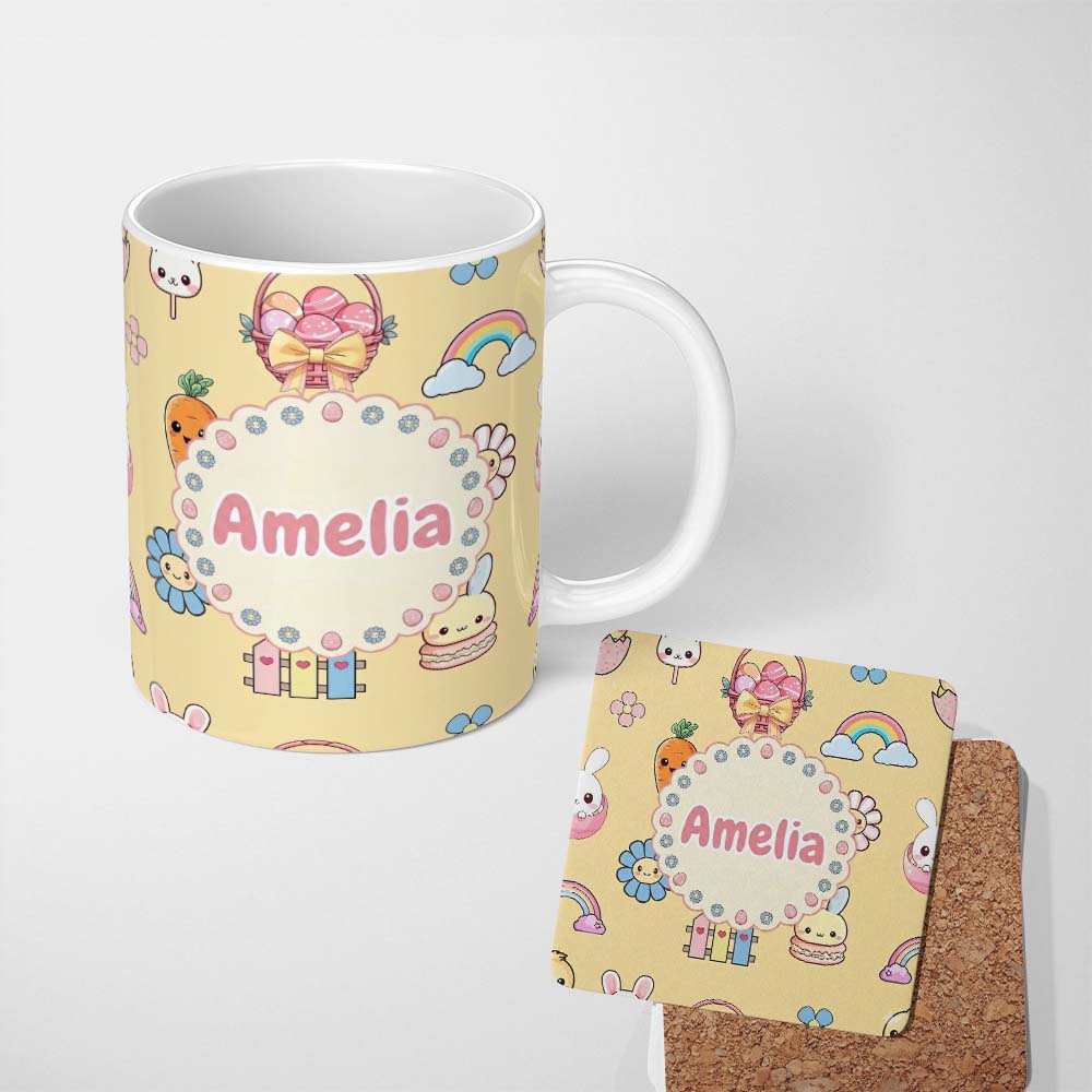 Personalized Custom Name Easter Chick Bunny Carrot Rainbow Flower Yellow Background Seamless 11oz Ceramic Coffee Tea Mug White Large Handle