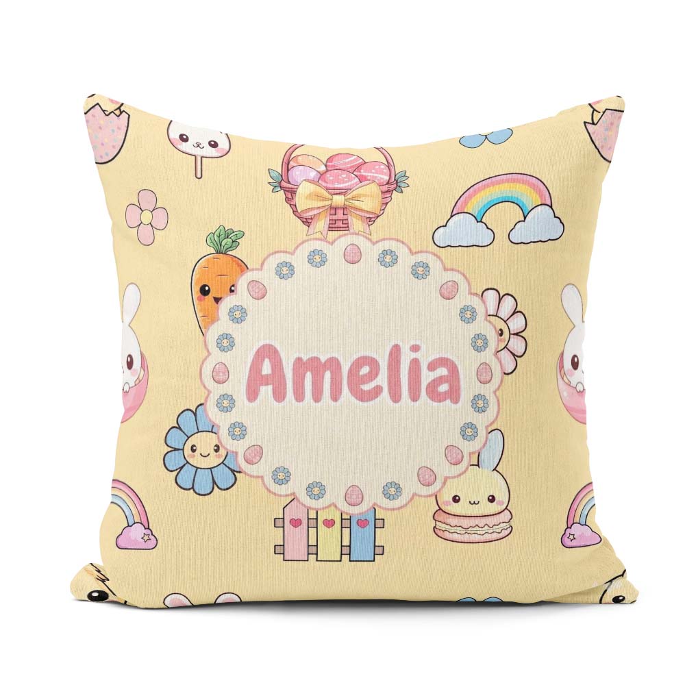 Custom Name Easter Chick Carrot Rainbow Flower Yellow Background Square Filled Cushion Throw Pillow Sofa Bed Home Decor Zip Washable UK Made