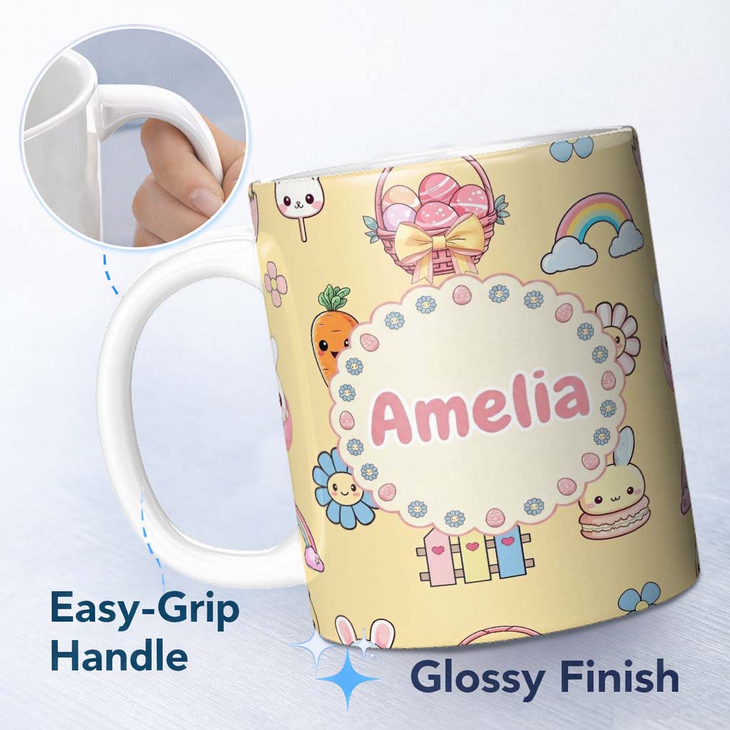 Personalized Custom Name Easter Chick Bunny Carrot Rainbow Flower Yellow Background Seamless 11oz Ceramic Coffee Tea Mug White Large Handle