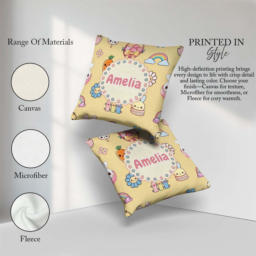 Custom Name Easter Chick Carrot Rainbow Flower Yellow Background Square Filled Cushion Throw Pillow Sofa Bed Home Decor Zip Washable UK Made