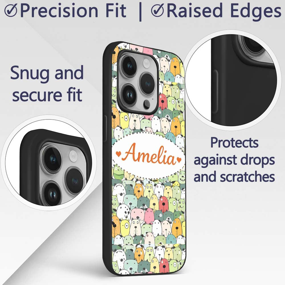 Cute Cartoon Dogs Crowd Multicolour Seamless Custom Name Protective Phone Case Mobile Cover Durable Everyday Smartphone Shock Resistant
