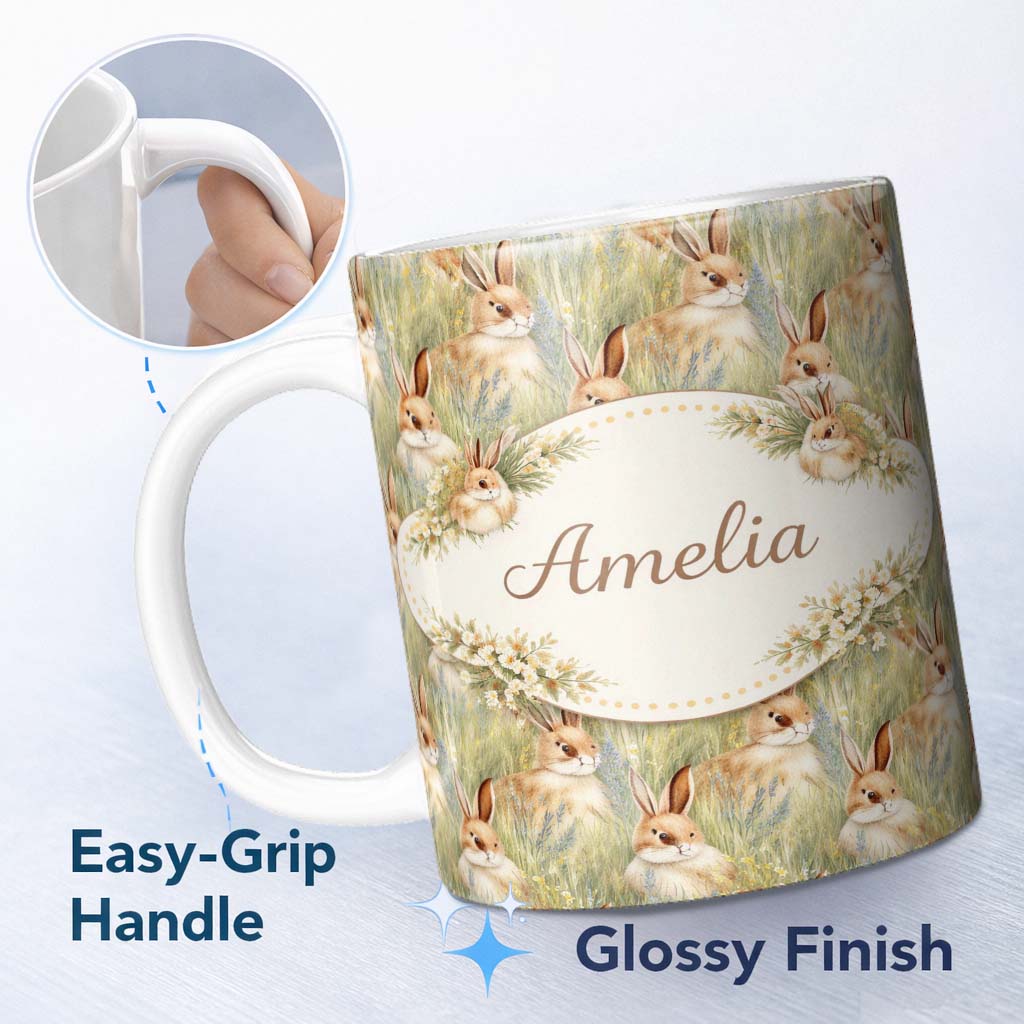 Personalized Custom Name Realistic Rabbit Wildflower Meadow Illustration Seamless Pattern 11oz Ceramic Coffee Tea Mug White Large Handle