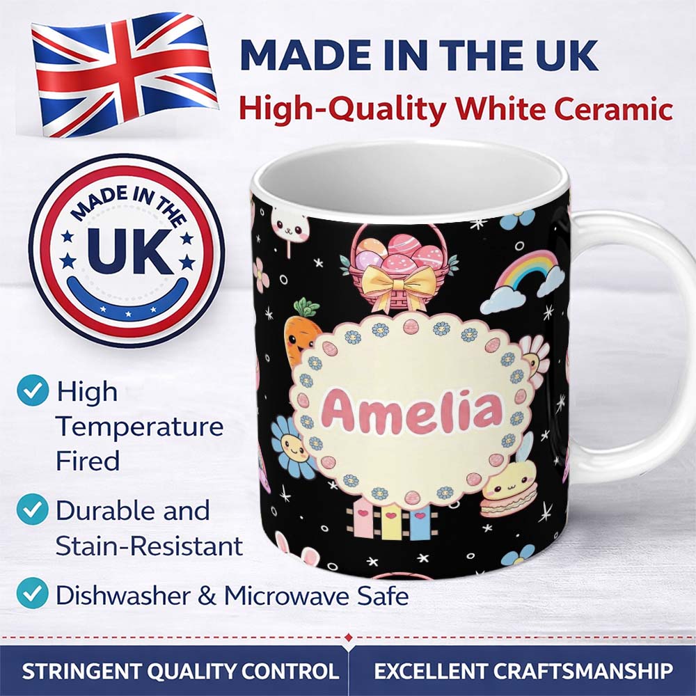 Personalized Custom Name Easter Chick Bunny Carrot Rainbow Black Starry Background Seamless 11oz Ceramic Coffee Tea Mug White Large Handle
