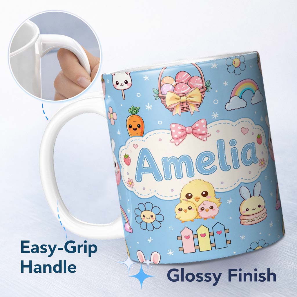 Personalized Custom Name Easter Chick Bunny Carrot Rainbow Flower Sky Blue Background 11oz Ceramic Coffee Tea Mug White Large Handle
