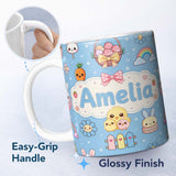 Personalized Custom Name Easter Chick Bunny Carrot Rainbow Flower Sky Blue Background 11oz Ceramic Coffee Tea Mug White Large Handle