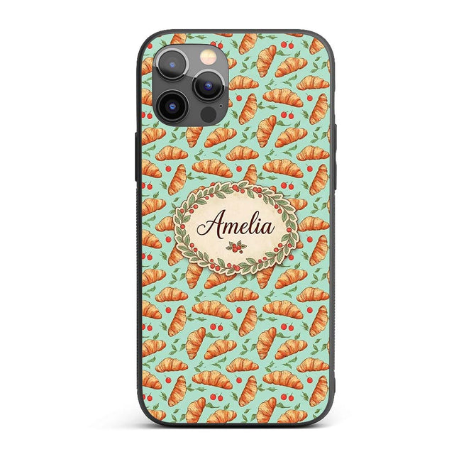 Hand Drawn Croissant Cherry Leaf Seamless Pattern Custom Name Protective Phone Case Mobile Cover Durable Everyday Smartphone Shock Resistant