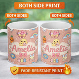 Personalized Custom Name Easter Chick Bunny Carrot Rainbow Flower Peach Background Seamless 11oz Ceramic Coffee Tea Mug White Large Handle