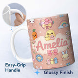 Personalized Custom Name Easter Chick Bunny Carrot Rainbow Flower Peach Background Seamless 11oz Ceramic Coffee Tea Mug White Large Handle
