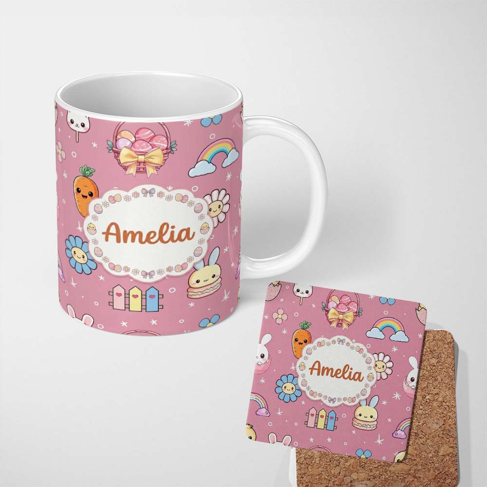 Personalized Custom Name Easter Chick Bunny Carrot Rainbow Rose Pink Background Seamless 11oz Ceramic Coffee Tea Mug White Large Handle