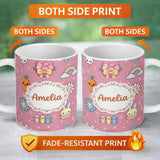 Personalized Custom Name Easter Chick Bunny Carrot Rainbow Rose Pink Background Seamless 11oz Ceramic Coffee Tea Mug White Large Handle
