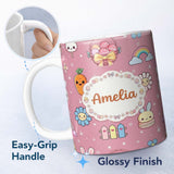 Personalized Custom Name Easter Chick Bunny Carrot Rainbow Rose Pink Background Seamless 11oz Ceramic Coffee Tea Mug White Large Handle