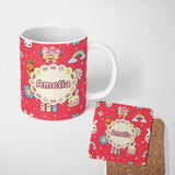 Personalized Custom Name Easter Chick Bunny Carrot Rainbow Flower Kawai Red Background 11oz Ceramic Coffee Tea Mug White Large Handle