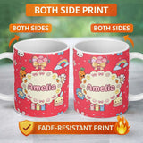 Personalized Custom Name Easter Chick Bunny Carrot Rainbow Flower Kawai Red Background 11oz Ceramic Coffee Tea Mug White Large Handle