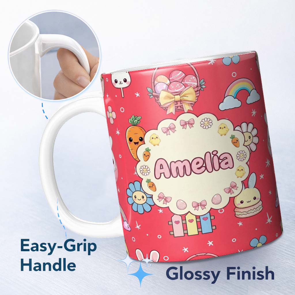 Personalized Custom Name Easter Chick Bunny Carrot Rainbow Flower Kawai Red Background 11oz Ceramic Coffee Tea Mug White Large Handle