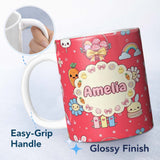 Personalized Custom Name Easter Chick Bunny Carrot Rainbow Flower Kawai Red Background 11oz Ceramic Coffee Tea Mug White Large Handle