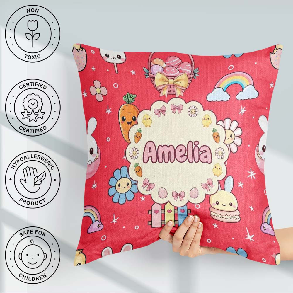 Custom Name Easter Chick Bunny Carrot Rainbow Flower Kawai Red Square Filled Cushion Throw Pillow Sofa Bed Home Decor Zip Washable UK Made
