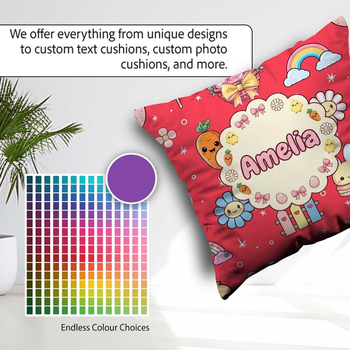 Custom Name Easter Chick Bunny Carrot Rainbow Flower Kawai Red Square Filled Cushion Throw Pillow Sofa Bed Home Decor Zip Washable UK Made