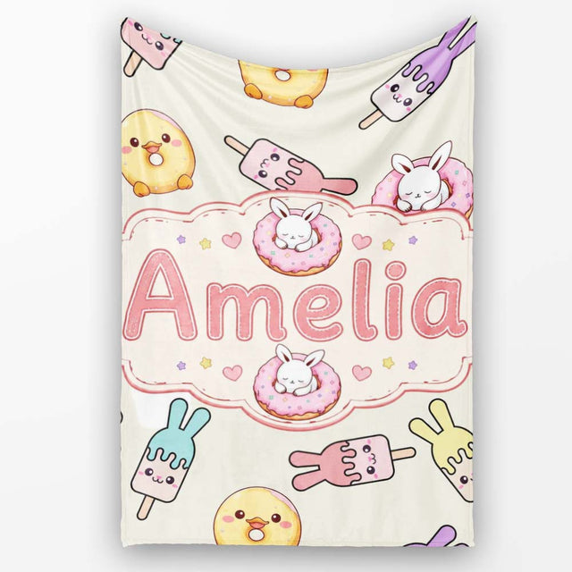 Cute Easter Bunny Ice Cream Donut Chick Kawaii Background Seamless  Personalised Custom Name Super Soft Fleece Blanket Bed Sofa Throw