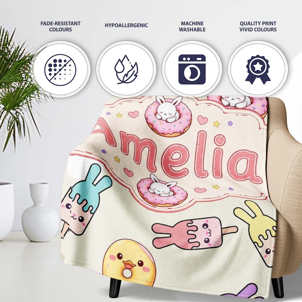 Cute Easter Bunny Ice Cream Donut Chick Kawaii Background Seamless  Personalised Custom Name Super Soft Fleece Blanket Bed Sofa Throw