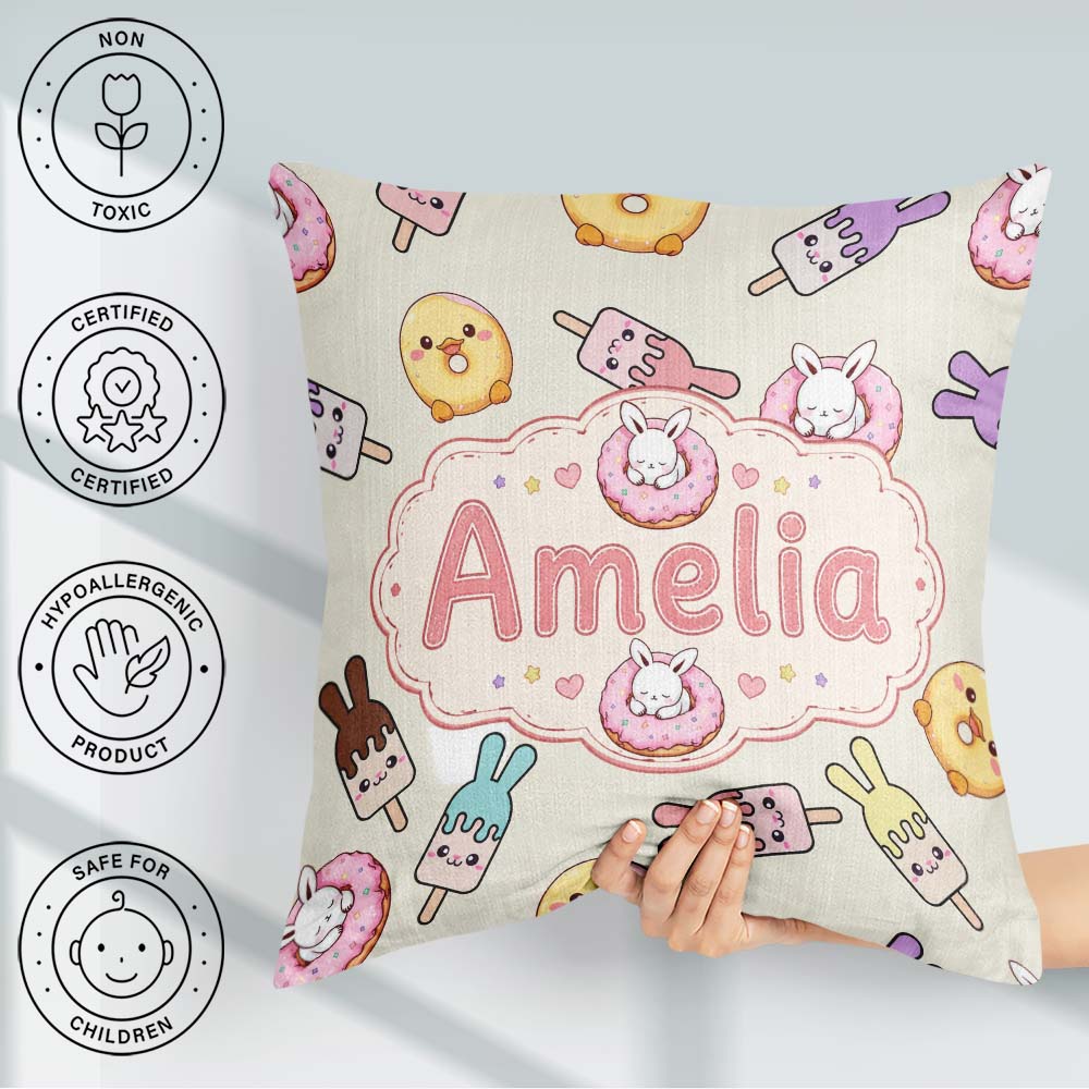 Custom Name Easter Bunny Ice Cream Donut Chick Kawaii Background Square Filled Cushion Throw Pillow Sofa Bed Home Decor Zip Washable UK Made