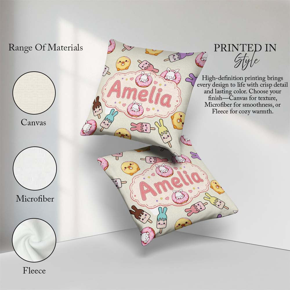 Custom Name Easter Bunny Ice Cream Donut Chick Kawaii Background Square Filled Cushion Throw Pillow Sofa Bed Home Decor Zip Washable UK Made