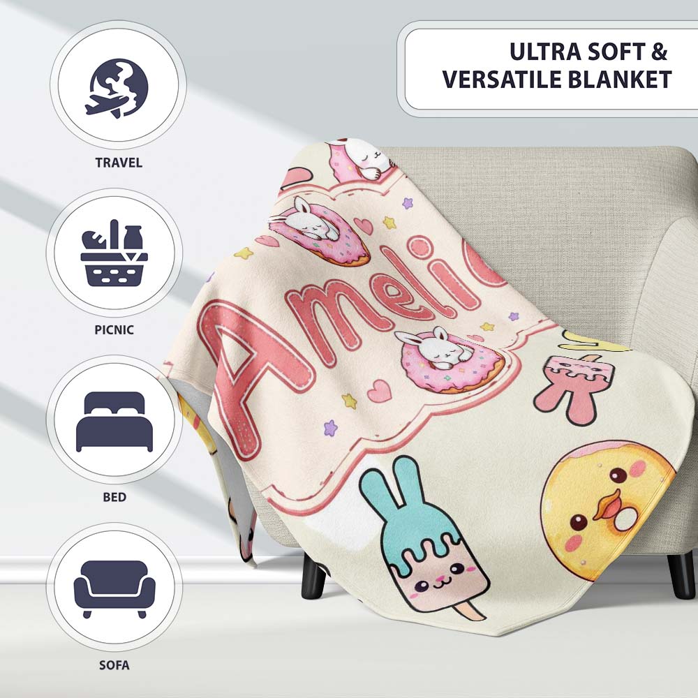 Cute Easter Bunny Ice Cream Donut Chick Kawaii Background Seamless  Personalised Custom Name Super Soft Fleece Blanket Bed Sofa Throw
