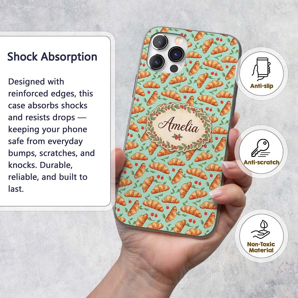 Hand Drawn Croissant Cherry Leaf Seamless Pattern Custom Name Protective Phone Case Mobile Cover Durable Everyday Smartphone Shock Resistant