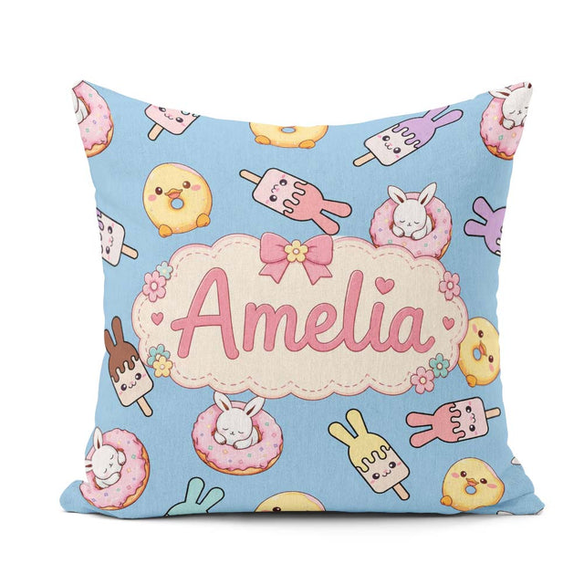 Custom Name Cute Easter Bunny Ice Cream Donut Chick Kawaii Blue Square Filled Cushion Throw Pillow Sofa Bed Home Decor Zip Washable UK Made