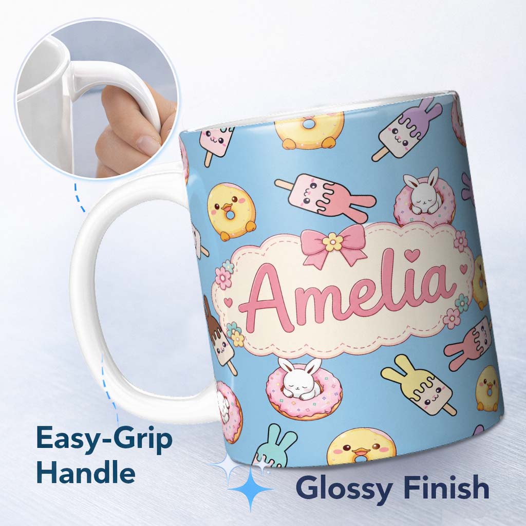 Personalized Custom Name Cute Easter Bunny Ice Cream Donut Chick Kawaii Blue Background 11oz Ceramic Coffee Tea Mug White Large Handle