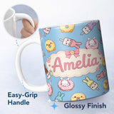 Personalized Custom Name Cute Easter Bunny Ice Cream Donut Chick Kawaii Blue Background 11oz Ceramic Coffee Tea Mug White Large Handle