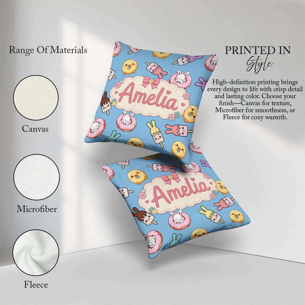 Custom Name Cute Easter Bunny Ice Cream Donut Chick Kawaii Blue Square Filled Cushion Throw Pillow Sofa Bed Home Decor Zip Washable UK Made