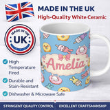 Personalized Custom Name Cute Easter Bunny Ice Cream Donut Chick Kawaii Blue Background 11oz Ceramic Coffee Tea Mug White Large Handle