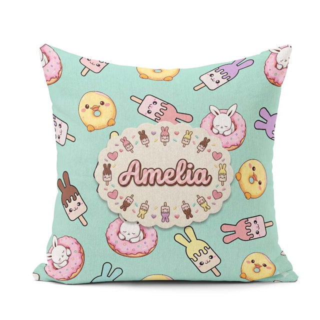 Custom Name Cute Easter Bunny Ice Cream Donut Chick Kawaii Mint Square Filled Cushion Throw Pillow Sofa Bed Home Decor Zip Washable UK Made