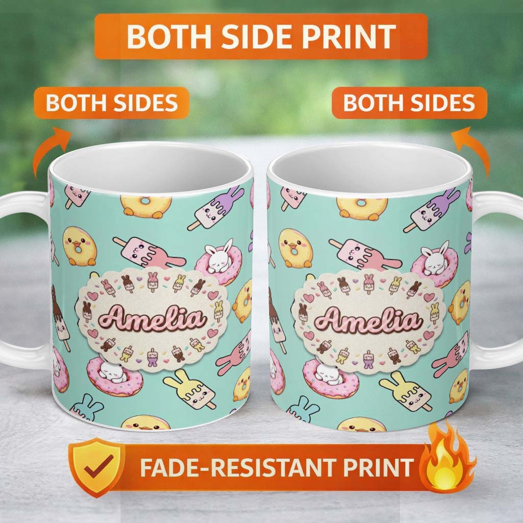 Personalized Custom Name Cute Easter Bunny Ice Cream Donut Chick Kawaii Mint Background 11oz Ceramic Coffee Tea Mug White Large Handle
